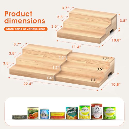 Expandable Can Rack Organizer for Pantry, 3 Tier Wooden Can holder, Canned Goods Organizer Holds Up to 24 Cans Soda, Cannd Food Storage Display for Cabinet, Pantry, Kicthen Countertop