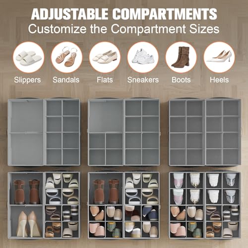2 Pack Shoe Organizer for Closet,Foldable Shoe Storage Organizer with Adjustable Dividers, Shoe Storage Box with Clear Cover, Fits up to 16 Pairs, Gray - color: Gray, size: 2 Pack