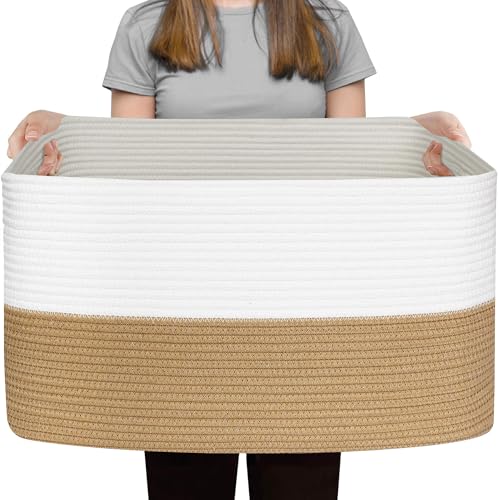 Extra Large Blanket Basket, 23.6"x15.7"x14.1" Woven Blanket Storage for Living Room, Big Cotton Rope Kids Dog Toy Bin Box, Decorative Rectangle Pillow Holder, Baby Laundry Basket, Camel - color: Camel and White