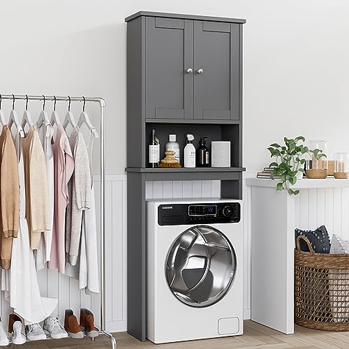 Shintenchi Over the Toilet Storage Cabinet, Bathroom Shelf Organizer with Anti-Tip Device Small Freestanding Space Saver with Adjustable Shelf, Gray - color: Grey, size: Wood Door