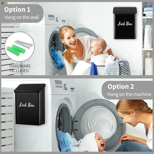 Metal Magnetic Lint Bin for Laundry Room, Wall Mounted Laundry Lint Bin with Lid & Lint Brush, Modern Farmhouse Laundry Room Decor - color: Black, size: Pattern 1