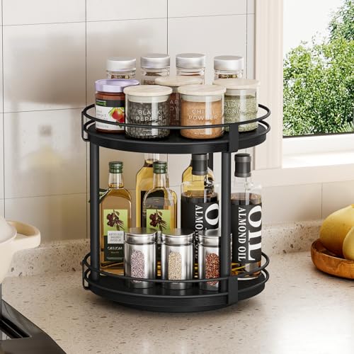 Snughome Lazy Susan Spice Rack, 2 Tier Rotating Spice Rack, Wood Lazy Susan Organizer for Cabinet, Black Kitchen Counter Shelf, 10.2" x 10.2" x 10.4" - color: Black, size: 10.2" x 10.2" x 10.4"