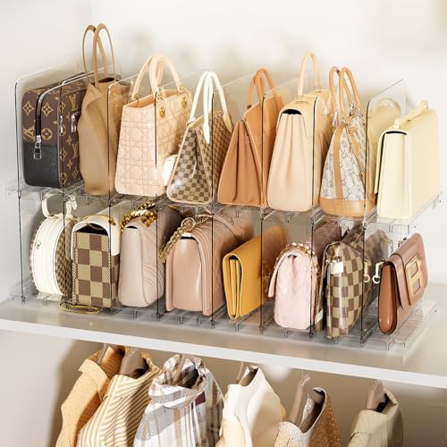 Stackable Bag & Purse Organizer for Closet Shelf Acrylic Shelf Dividers for Closet Organization, Clear Handbag Purse Storage Organizer Divider, Keep Clutch, Wallet, Pocketbook Upright, 4 Pack - size: 4 Set