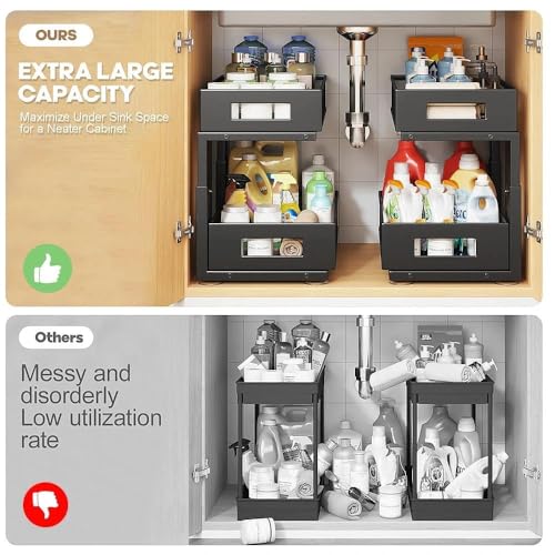 Under Sink Organizer, 2-Tier Dual Pull Out Cabinet Organizer Drawers With Smooth Circular Rail, Large Capacity Metal Mesh Sliding Shelves For Bathroom& Kitchen Storage,Height Adjustable–Black,1 Pack - color: Black, size: 1 Pack-15.9"Dx11.6"-16.7" H