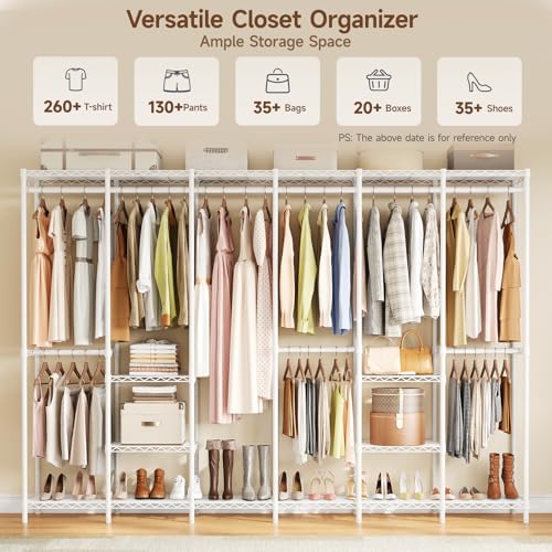 ONBRILL F6 Free Standing Industrial Pipe Clothes Rack, Large Heavy Duty Metal Garment Rack, Closet Organizer Storage System with Adjustable Shelves & Hanging Rods, Portable Wardrobe - White - color: White
