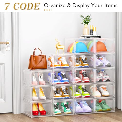 12 Pack Clear Shoe Storage Organizer with Magnetic Door,Stackable Plastic Shoe Boxes for Sneakers,Boots,and Heels,Space-Saving Foldable Shoe Rack for Closet,Durable Shoe Cabinet Organizer,White - color: White, size: 12 pcs
