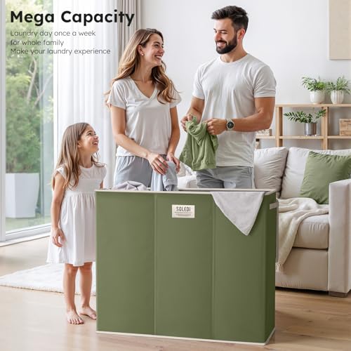 SOLEDI 180L 3-Section Laundry Hamper with Lid, Extra Large Dirty Clothes Basket with Sturdy Handles for Laundry Room & Bedroom - Durable Organizer for Sorting Laundry - color: Avocado Green, size: 180L