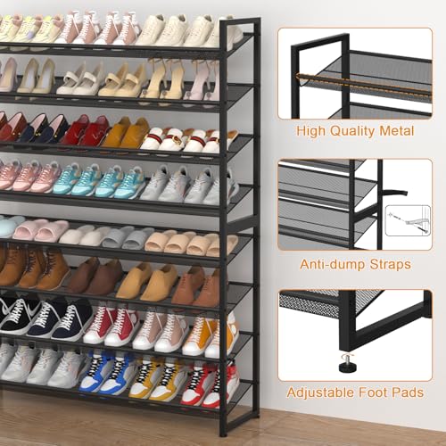 Large Shoe Rack 8 Tier Shoe Organizer, Heavy Duty Metal 4-Tier Stackable Shoe Storage Vertical Shoe Rack for Closet Front Door Entrance, Up to 50 Pairs, 44.8" W x 11.4" D x 56.7" H, Black - color: Black, size: 8 Tier