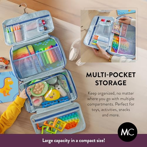 Kids Travel Organizer – Multi-Compartment, Water-Resistant Hanging Bag for Toys, Snacks, & Activities - Compact, Lightweight Design with Hook & Carry Handle - Perfect for Travel Use (Blue, Large) - color: Blue, size: Large