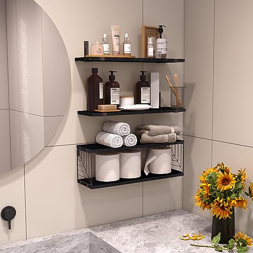 Fixwal 3+1 Tier Bathroom Floating Shelves Over Toilet, 15.8in Farmhouse Rustic Wood Shelves, Wall Decor for Bathroom, Living Room,Bedroom and Kitchen (Black) - color: Black