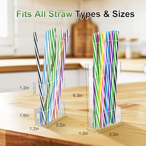 2 PACK Acrylic Straw Holder for Cabinet Doors, Reusable Straw Organizer with Ultra-Sticky Adhesive, Small Kitchen Accessories Container, Fits Both Short & Long Straws (Transparent) - color: Transparent