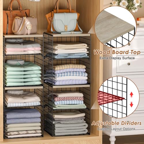 4-Tier Stackable Closet Organizers and Storage, Adjustable Dividers & Wood Top Storage Shelves for Clothes, Wardrobe & Closet Storage Basket Bins/Cube, Space-Saving Closet Organizer System, Black - color: Black