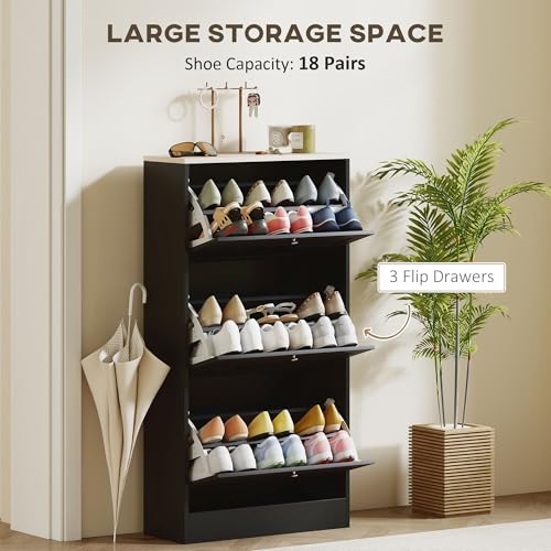 HOMCOM Narrow Shoe Storage Cabinet for Entryway with 3 Flip Drawers and Adjustable Shelves, Shoe Rack Organizer for 18 Pairs of Shoes, Black - color: Black, size: 23.6" x 9.4" x 45.3"