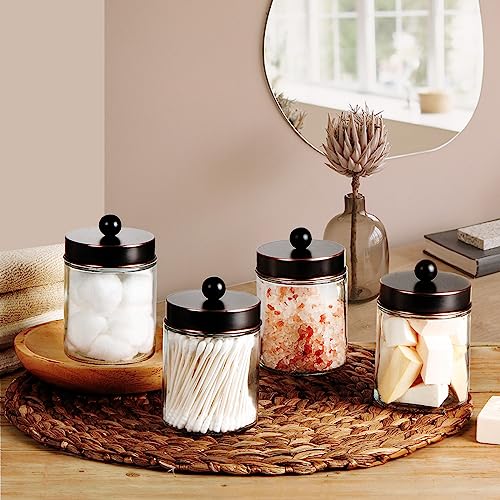 Amolliar 4Pc Apothecary Jars Bathroom Vanity Storage Organizer-Countertop Canister & Stainless Steel Lids &Cute Stickers -Qtip Dispenser Holder for Qtips,Cotton Swabs,Makeup Sponge(Oil Rubbed Bronze) - color: Oil Rubbed Bronze