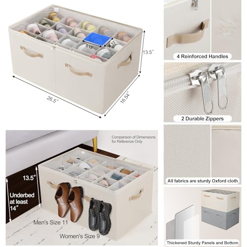 TOPIA HOME Shoe Organizer for Closet, Foldable Shoe Box with Adjustable Dividers and Clear Cover, Space Saving Shoe Storage Organizer Cabinet with Reinforced Handles, Fits 20 Pairs, Beige TP10Y - color: Beige, size: Extra Large(26.5''L x 16.54''W x 13.5''