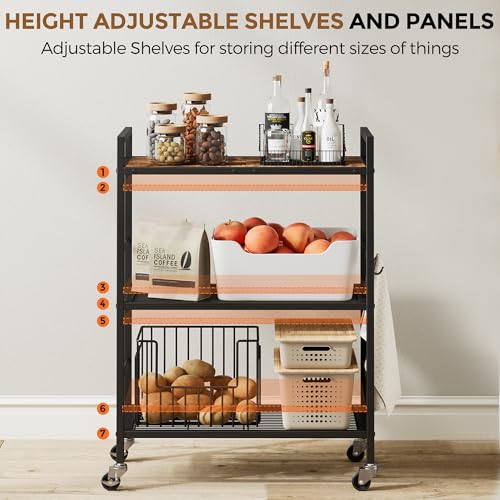 3-Tier Metal Storage Rack with Industrial Wheels,Mesh Shelving Unit with Wooden Table top,Adjustable Shelf,23.6-Inch Width,15.8-Inch Depth, for Kitchen, Laundry,Pantry,Plant,Black - color: Brown Panel, size: 3 Tier (23.6"W x 15.8"D)