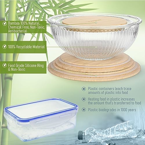 Stackable Space-Saving Nesting Set of 3 Glass Bowls with Bamboo Lids for Foodprep, Storage, Mixing & Cooking - Microwave & Oven Safe BPA Free Durable Heat Resistant Inert Borosilicate Glass - color: 3 Mixing Bowls with Bamboo LIds (Ribbed)