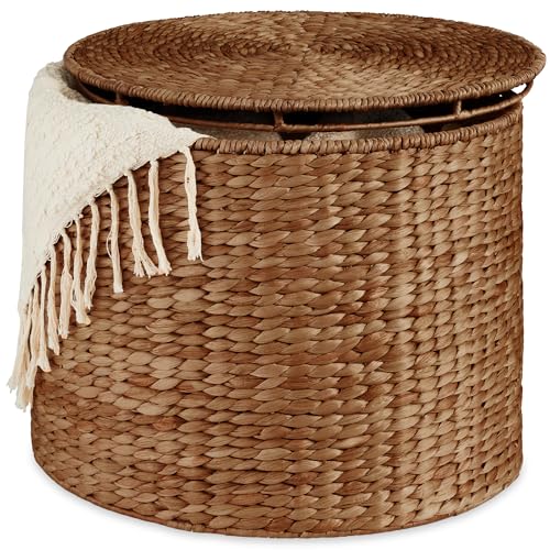 Best Choice Products Large Round Storage Ottoman W/Lid, Handwoven Water Hyacinth Footstool, Accent Stool, Side Table, Storage Container, Plant Stand For Living Room, Office, or Bedroom - Chestnut - color: Chestnut