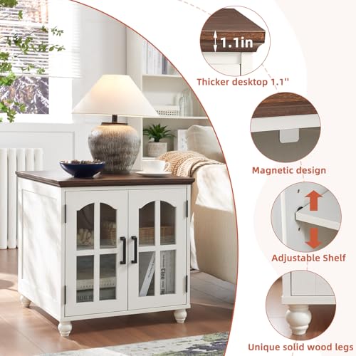 RWYHG Farmhouse 24" End Table Set of 2 with Charging Station, Large Sofa Side Table with Glass Barn Door,Wood Night Stand with Adjustable Storage Shelf,Square Bedside Table for Living Room,Bedroom - color: White, size: Set 2