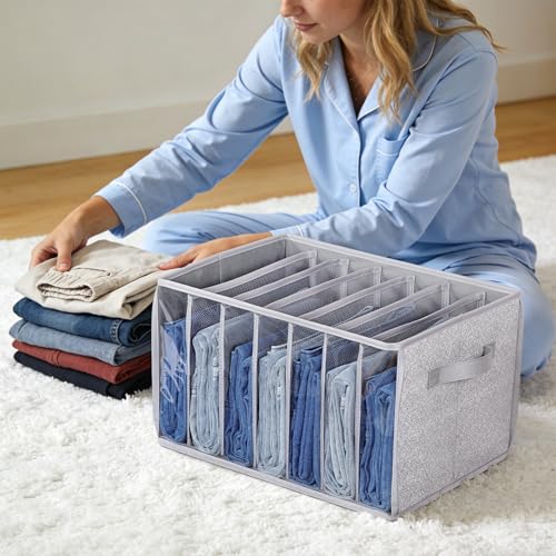 Zilink Upgraded Pants Organizer with Support Board Clear Jeans Organizer for Closet with 7 Grids Wardrobe Clothes Organizer for Jean Pant Sweater Legging T-Shirt, 6 Pack - color: Grey Pattern - For Jeans