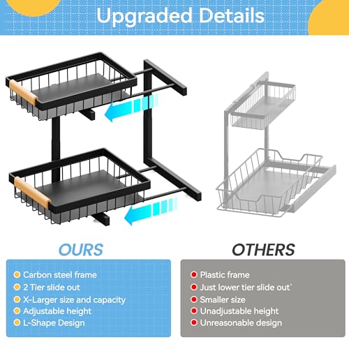 ADBIU Under Sink Organizer XL Size, 2 Packs 2 Tier Expandable Height (13.5" - 17.5") Under-Sink Organizers Slide out Pull out Bathroom Kitchen Organizers And Storage - color: Black, size: X-Large