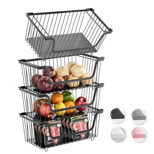 GAOKASE 4 Pcs Stackable Wire Baskets for Pantry Organizers and Storage,Vegetable Fruit Basket for Countertop,Kitchen Storage Metal Baskets,Produce Potato Onion Storage Bin,Black - color: 1-Black