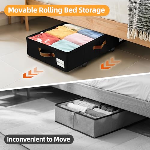 Under Bed Storage with Wheels,Underbed Storage with Sturdy Sidewalls/Bottom, Clear Cover, Label and PU Handle, Rolling Under Bed Drawers for Clothes, Shoes, 6.5 Inch Height,Black, 2 Pack - color: Black 2 Pack, size: 6.5 inch