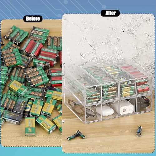 BTSKY 2 Pack Clear Acrylic Battery Storage Organizer for AA, AAA, 9V, C Batteries, 4-Drawer Storage Box Battery Holder Organizer for Common Types Batteries, Household Container(Batteries Not Included) - size: 2 Pack