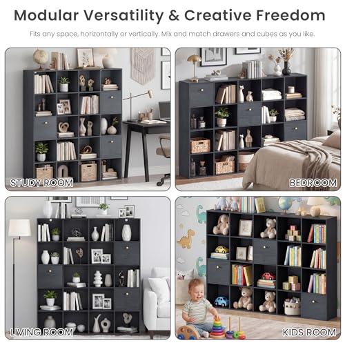 Black Book Shelf, Large Cube Storage Organizer Unit 2-Pack, 20 Open Shelves Bookcase with 3 Fabric Drawers, Black Wood grain Shelf Set for Living Room Entryway, Freestanding Display Rack Bundle - color: Black, size: 20 Cube (2PC)