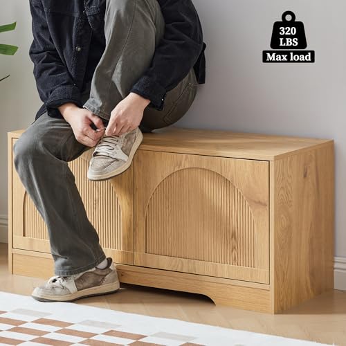 BERRYMERRY 39.4" Fluted Shoe Storage Bench for Entryway,2 Tier Shoe Cabinet Bench with Adjustable Shelf,Bench for Bedroom End of Bed (Natural, 13.8”D x 39.4”W x 18.5”H) - color: Natural