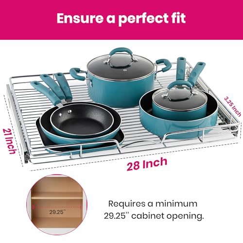 HOLDN’ STORAGE Pull Out Cabinet Organizer, Heavy Duty Caddy w/Lifetime Limited Warranty - 28”W x 21”D - Requires At Least 29-1/4” Cabinet Opening, Steel Metal Cabinet Drawers Slide Out, Chrome - size: 28"W x 21"D