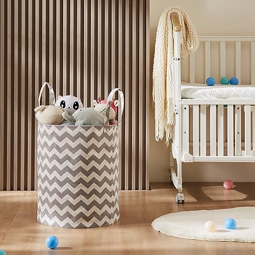 Baby Laundry Basket with Long Handles, 63L Collapsible Kids Laundry Hamper, Toy Storage Basket for Nursery, Bedroom Decor for Girls and Boys (Grey Chevron) - color: Grey Chevron, size: 1 Pack