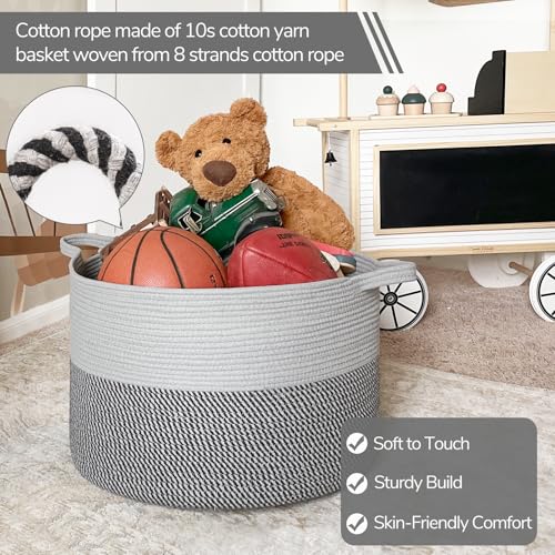 INDRESSME Extra Large Laundry Basket, Cotton Rope Blanket Basket for Nursery Living Room, Decorative Woven Storage Basket with Handles for Dirty Clothes, Toy Bin For Dog Toys, 21.7 x 13.8 inches, Grey - color: Light & Dark Grey, size: 21.7"D x 13.8"H