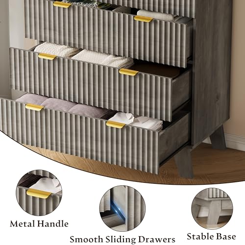 BORNOON 46" Tall Dresser for Bedroom, 6-Drawer Fluted Chest of Drawers, Modern Wood Highboy with Deep Storage, Metal Slides and Handles, Anti-Tip Kit, Vertical Clothes Organizer for Apartment, Nursery - color: Rustic Drift, size: Tall 6-Drawer