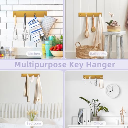 VIS'V Key Holder Wall Mount, Large Metal Self Adhesive Key Hanger with 4 Hooks, No Drilling, Extra Adhesive Strip, Gold - color: Gold