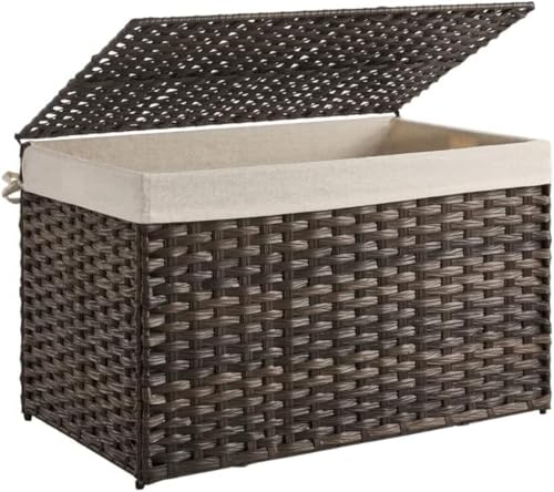 SONGMICS Storage Basket with Lid, Woven Blanket Storage Bin with Handles, Foldable, Removable Liner, Metal Frame, for Bedroom, Laundry Room, 42.3 Gallons (160 L), Brown URST76BR - color: Brown, size: 160 L