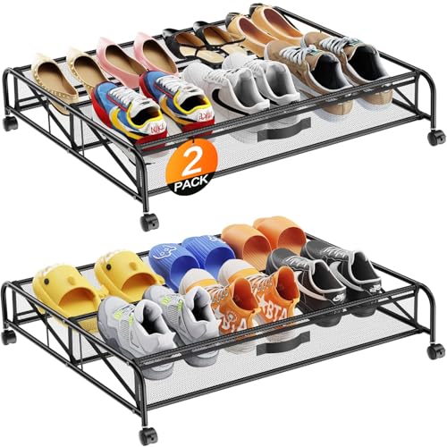 Under Bed Shoe Storage Organizer, 2 Pack Under Bed Storage Containers with Wheels for Under Bed Shoe Organizer Drawer Space Saving for bedroom - size: 2pcs