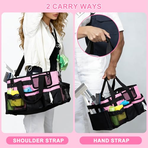 14 inch Large Cleaning Supplies Organizer, Pink Tool Bag with Handle & Adjustable Shoulder Straps, Cleaning Bags for Housekeepers, Cleaners, Cleaning Supply Caddy - color: Pink