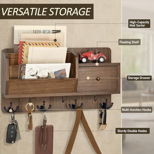 Rebee Vision Key and Mail Holder Wall Mount - Mail Organizer Wall Mount with Storage Hooks and Drawer for Modern Farmhouse Decor - Mail Organizer Wall Mounted for Rustic Apartment Essentials (Brown) - color: Brown