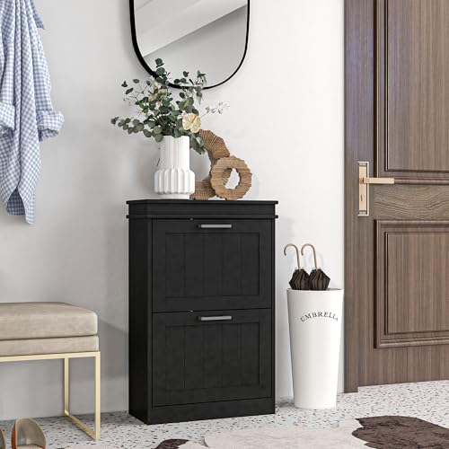 HOMCOM Narrow Shoe Cabinet with 2 Flip Drawers, Modern Freestanding Shoe Storage Cabinet with Adjustable Shelves for Entryway, Hallway, Black - color: Black
