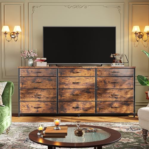 Romorgniz 55" Dresser for Bedroom with 12 Fabric Drawers, Entertainment Center for 60 inch TV Dressers & Chests of Drawers Large Organizer, Living Room, Metal Frame, Wood Top, Rustic Brown - color: Rustic Brown