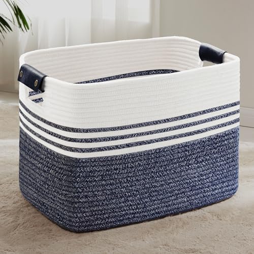 100L Extra Large Laundry Basket with Leather Handles for Living Room Storage,Woven Rope Baskets for Blanket,Kids Toy,Gifts,Wicker Hamper for Bedroom Dirty Clothes,24"x16"x16" Denim Blue - color: Denim Blue, size: 100L