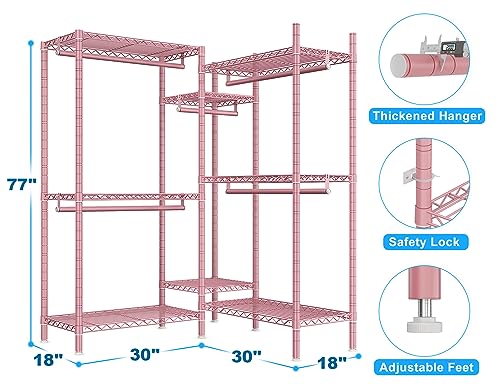 Raybee Clothes Rack, Clothing Racks for Hanging Clothes, L Shaped Clothing Rack for Corner 900LBS Heavy Duty Clothes Rack Garment Rack 74.5" W X 18" D X 77" H, Pink - color: Pink, style: Large Clothes Rack