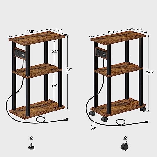 TUTOTAK Small Narrow Side Table with Charging Station, Skinny End Table for Small Spaces, Slim Nightstand with USB Ports and Outlet, Sofa Beside Table with Wheels, Brown TB01BB046 - color: Brown, size: 1 PC, style: With Plug