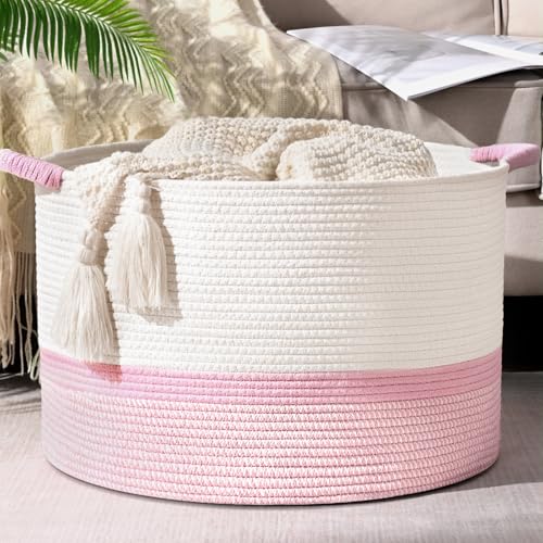 67L Large Blanket Basket, 20"x13" Woven Storage Baskets With Handle, Cotton Rope Blanket Basket Living Room, Baby Laundry hamper for Blanket, Nursery, Toy, Pillow (White & Pink) - color: White & Pink, size: 67L