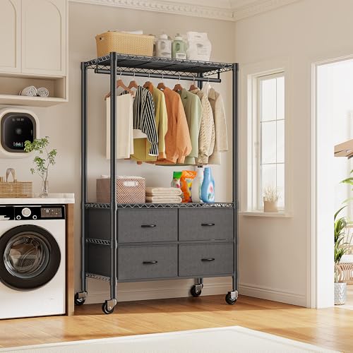 Raybee Clothes Rack Heavy Duty Clothing Rack with Rolling Wheels & 4 Drawers, Clothing Racks for Hanging Clothes with Drawers, Black - color: Black, style: Clothes Rack with Wheels