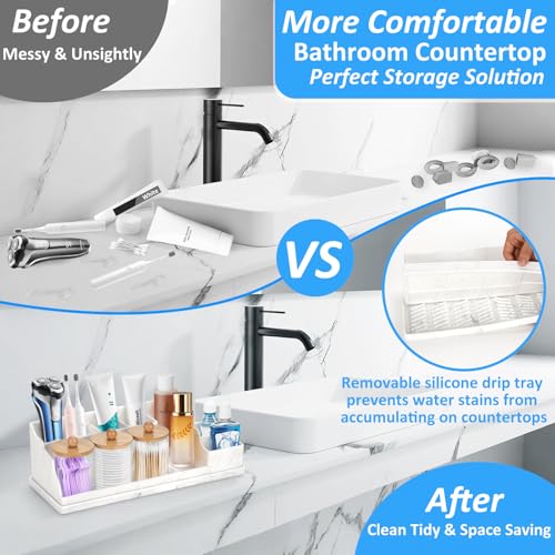 Bathroom Counter Organizer, White Silicone Toothbrush Holders for Bathrooms Organizer Countertop with 3PCS Qtip Holder, Toothbrush and Toothpaste Holder for Bathroom Organization Storage Vanity - color: White With 3pcs Dispenser
