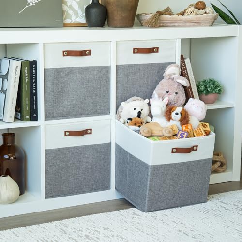 OrganiHaus 13" x 13" x 13" Cube Fabric Storage Bins Set of 4, Fabric Storage Cubes w/ Vegan Handles, 13 inch Collapsible Bins for Clothes & Toys Organizer, 13x13 Basket for Decor - Grey/White - color: Gray Base / Off-White, size: (13x13) Leather Handles