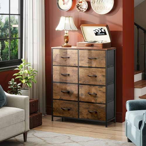 WLIVE Fabric Dresser for Bedroom, Tall Dresser with 8 Drawers, Storage Tower with Fabric Bins, Double Dressers, Chest of Drawers for Closet, Living Room, Hallway, Dorm, Rustic Brown Wood Grain Print - color: Rustic Brown Wood Grain Print, style: General