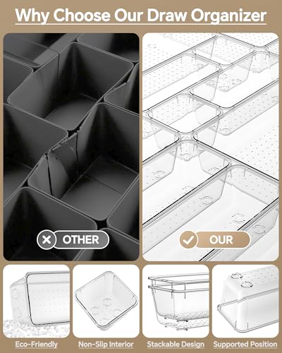KEMETHY 25 PCS Plastic Drawer Organizers Set, 4 Sizes Vanity Organizer, Makeup and Desk Drawer Organizer Trays, Organization and Storage for Makeup, Bathroom, Kitchen Utensils and Office (Clear) - color: Clear